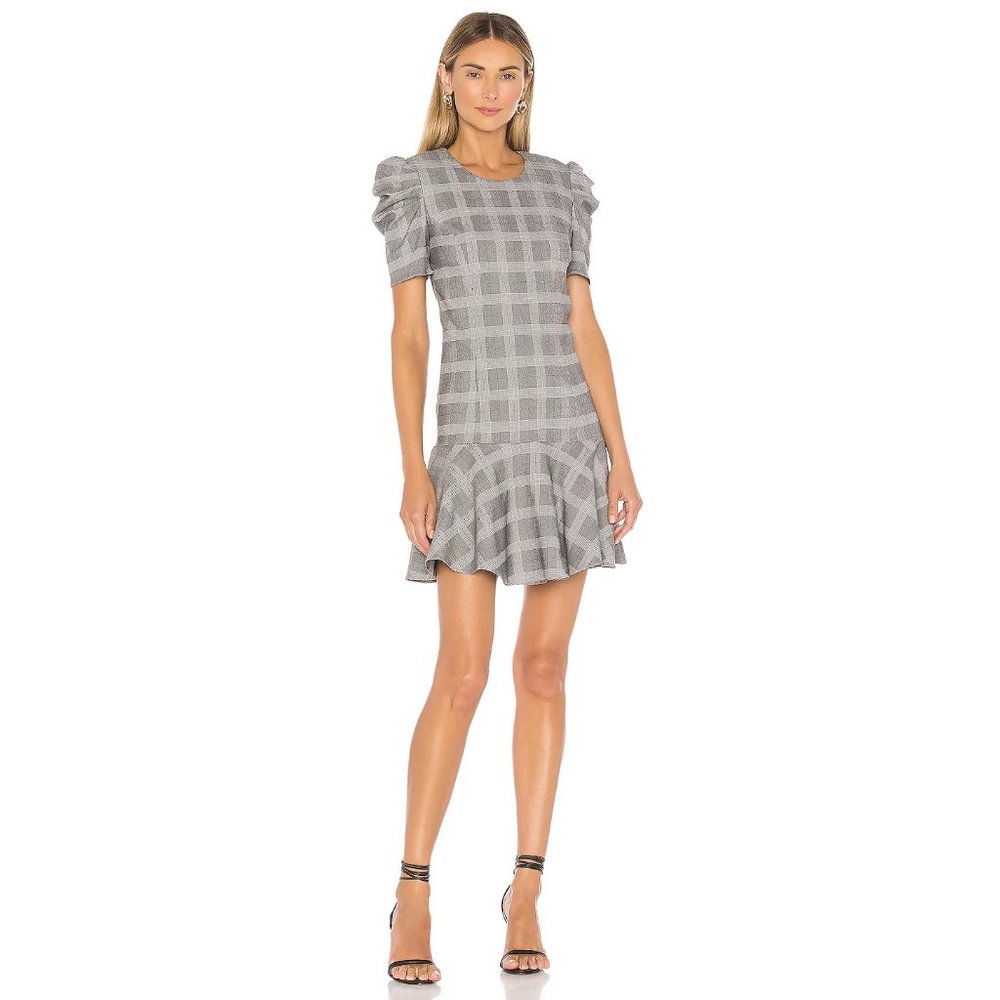 NWT Amanda Uprichard Bekah gray glen plaid puff sleeve dress